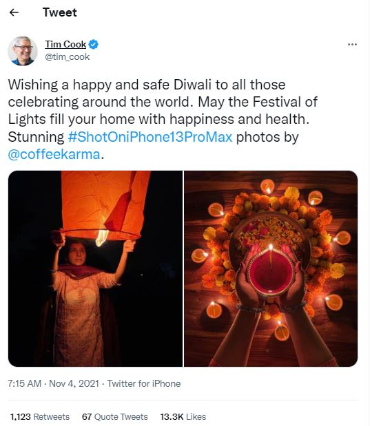 Happy Diwali iPhone से खीची खूबसूरत तस्वीर को पोस्ट कर टिम कुक ने दी